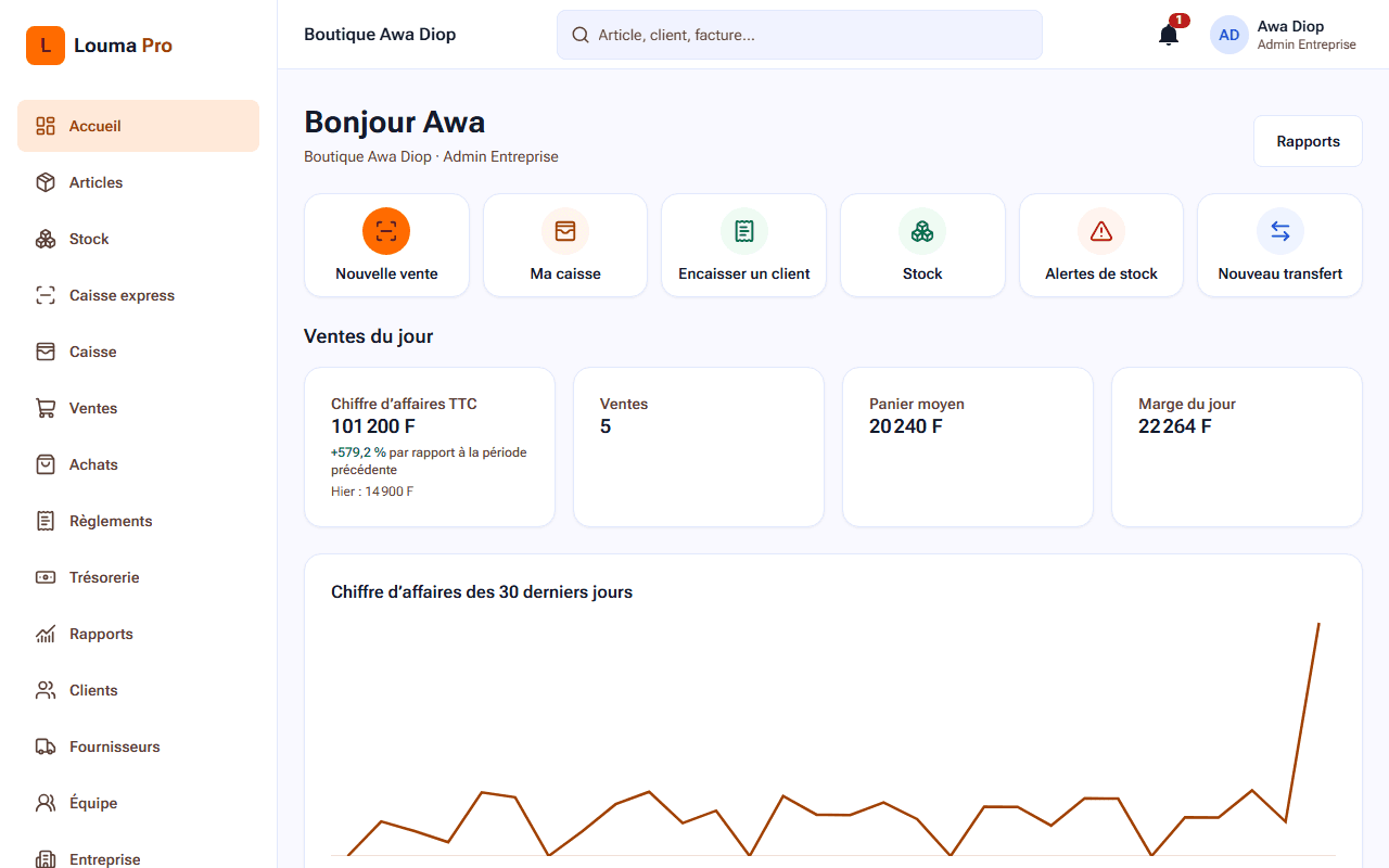 Tableau de bord de Louma Pro : chiffre d’affaires du jour, ventes et alertes de stock
